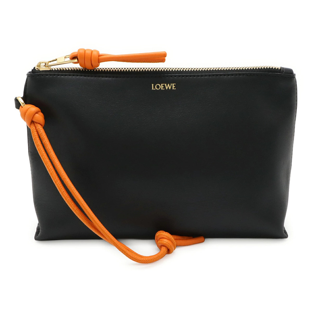 Loewe Knot T Pouch Clutch Bag Shoulder Calfskin Leather Black Orange
